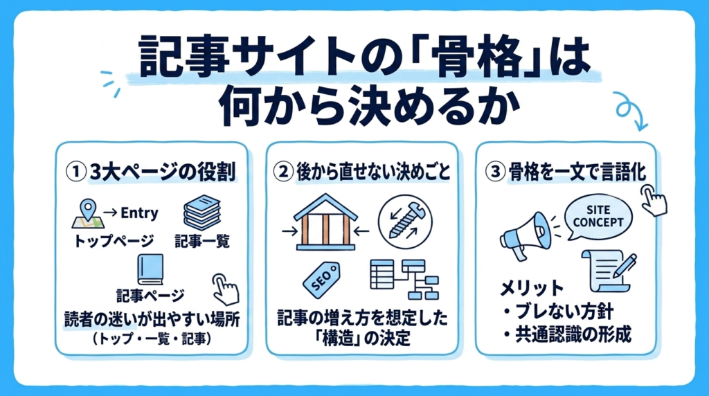 記事サイトの骨格の決め方を、3大ページの役割・記事の増え方を見たうえでの構造の決定・骨格を一文で言語化するメリットの3つに分けて図解したインフォグラフィックです。