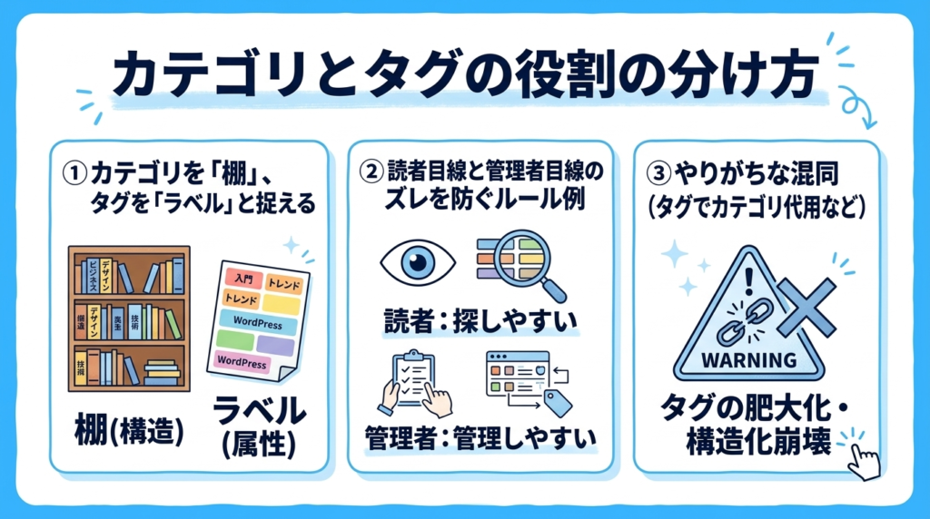 カテゴリとタグの役割の分け方を、棚とラベルの考え方・読者目線と管理者目線のルール・タグの肥大化などのやりがちな混同の3点で図解したインフォグラフィックです。