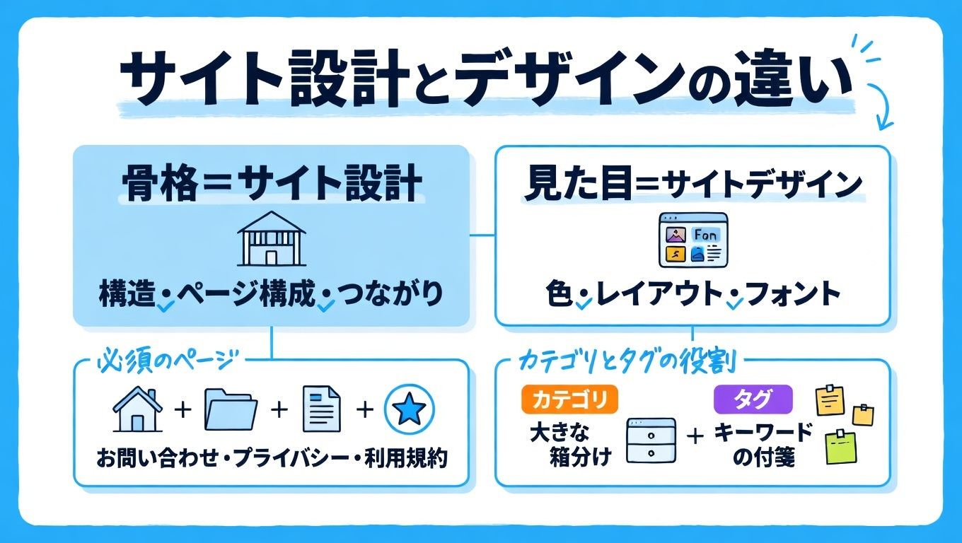サイト設計の土台として、設計とデザインの違いや骨格・分類を説明する記事用のアイキャッチ画像