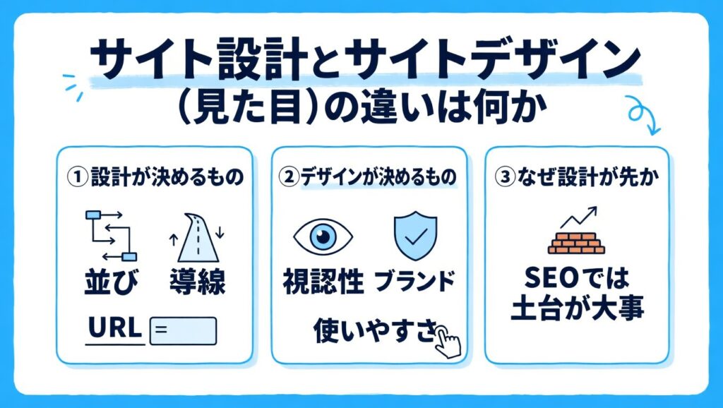 サイト設計とサイトデザインの違いを、設計側が決めること・デザイン側が決めること・設計を先にする理由の3つに分けて図解したインフォグラフィックです。