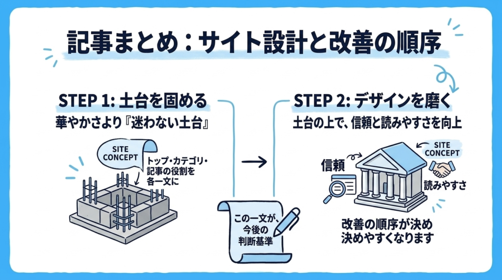 記事のまとめとして、サイト改善の順序を「土台を固める」「デザインを磨く」の2ステップで、トップ・カテゴリ・記事の役割を一文にまとめることと判断基準の関係まで図解したインフォグラフィックです。