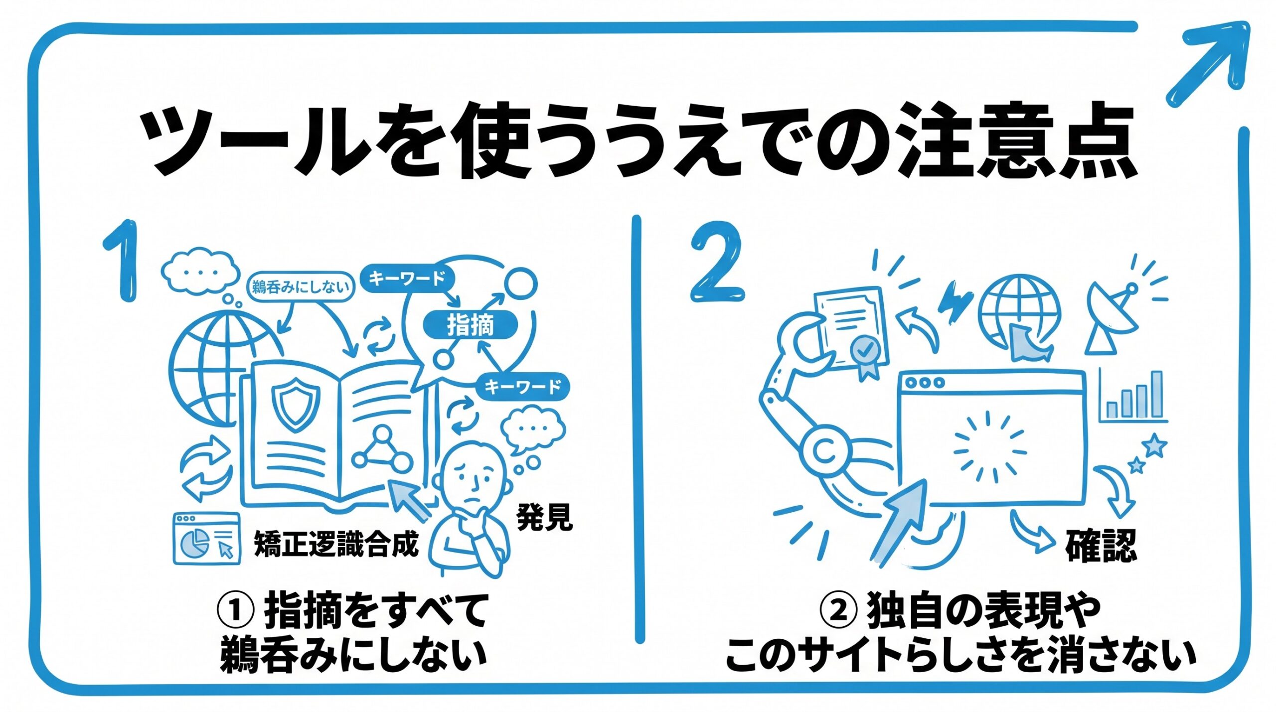 AI文章校正ツールを使ううえでの注意点を、指摘をすべて鵜呑みにしない・独自の表現やこのサイトらしさを消さないという2つに分けて図解したインフォグラフィックです。
