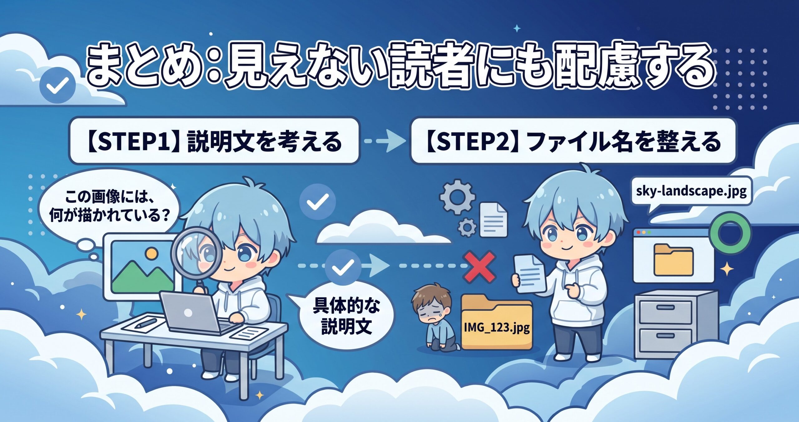 alt属性とファイル名について、まず画像の内容を説明する文章を考えることから、ファイル名を整えていく流れを2ステップで図解したインフォグラフィックです。