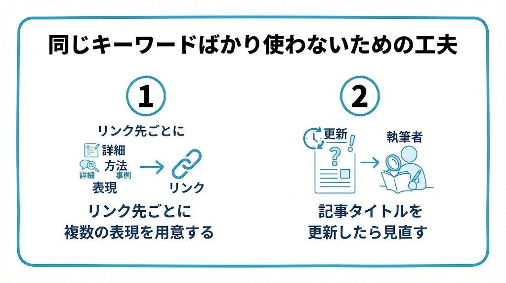 同じキーワードばかり使わないための工夫を、リンク先ごとに複数の表現パターンを用意する・リンク先の記事タイトルを更新した際は見直すという2つに分けて図解したインフォグラフィックです。