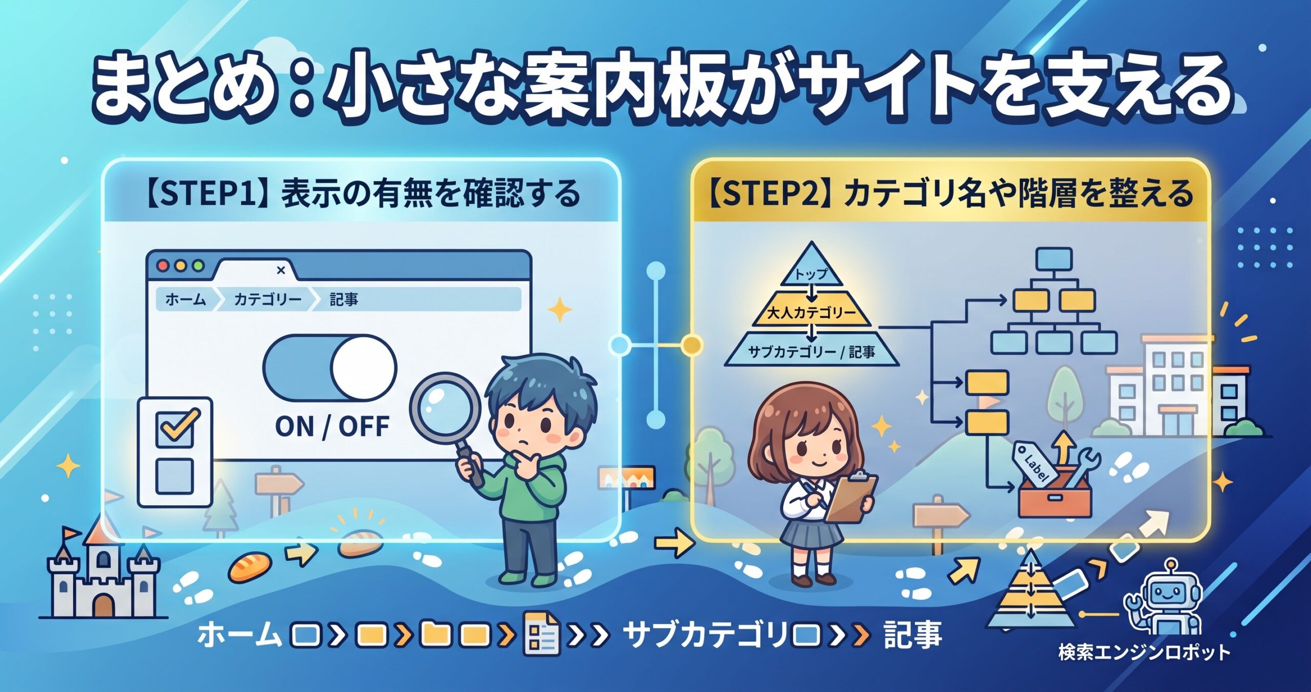 パンくずリストについて、まず表示の有無を確認することから、カテゴリ名や階層を整えていく流れを2ステップで図解したインフォグラフィックです。