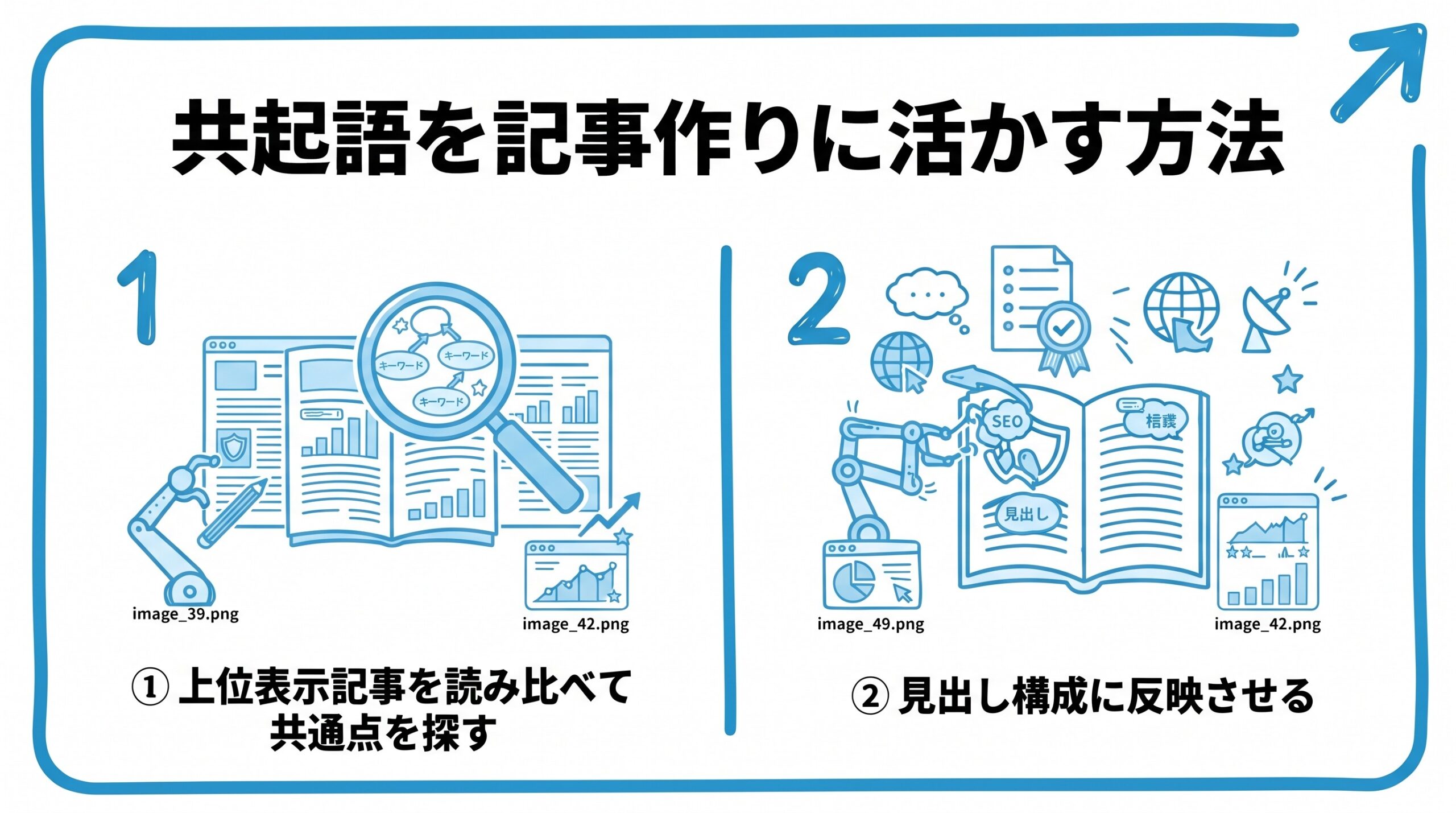 共起語を記事作りに活かす方法を、上位表示記事を読み比べて共通点を探す・見出し構成に反映させるという2つに分けて図解したインフォグラフィックです。