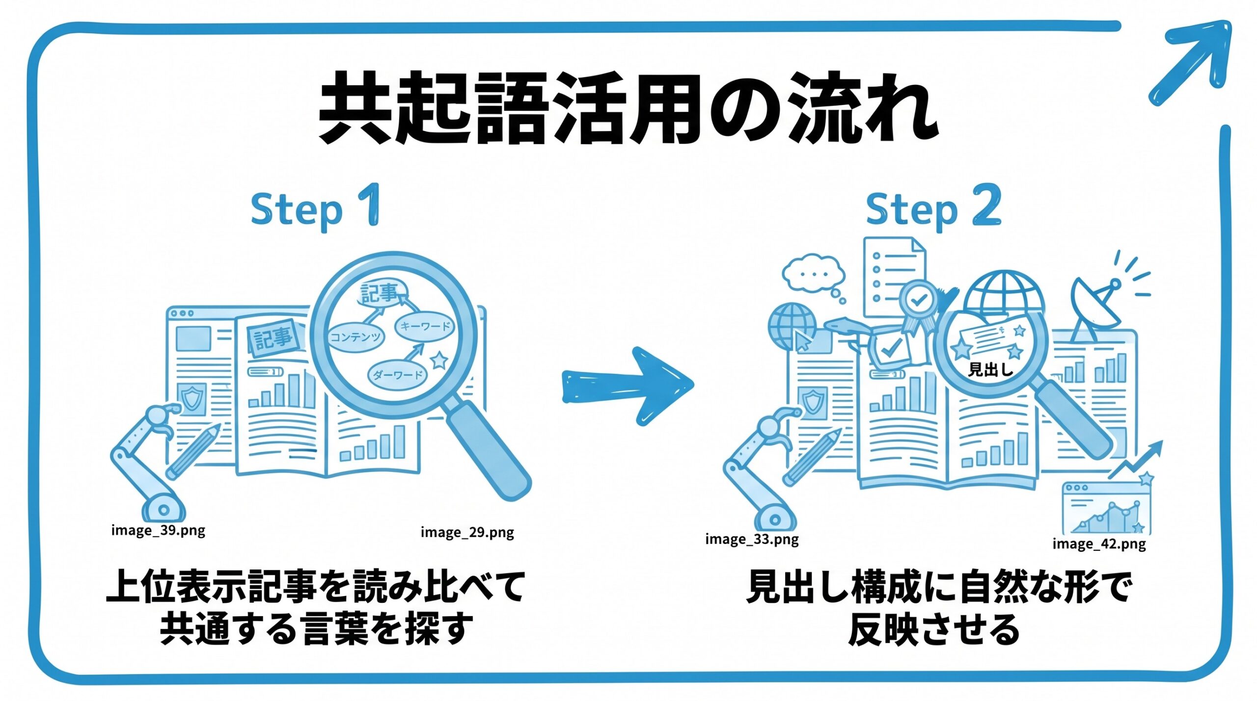 共起語の活用について、まず上位表示記事を読み比べて共通する言葉を探すことから、見出し構成に自然な形で反映させるという流れを2ステップで図解したインフォグラフィックです。