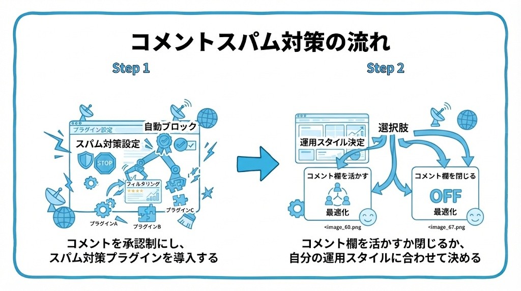 WordPressコメント欄のスパム対策について、まずコメントを承認制にし、スパム対策プラグインを導入することから、コメント欄を活かすか閉じるか、自分の運用スタイルに合わせて決めるという流れを2ステップで図解したインフォグラフィックです。