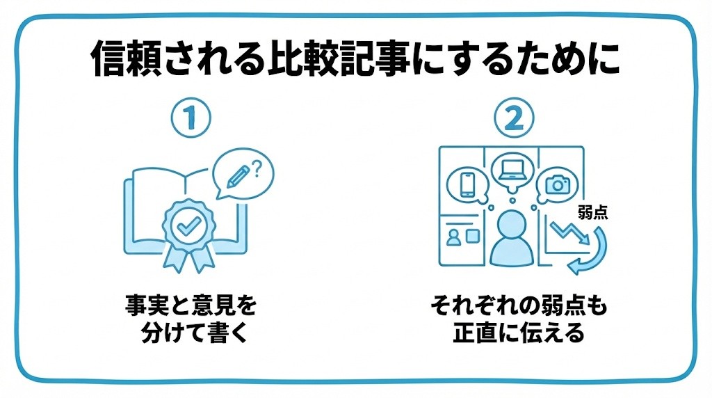 信頼される比較記事にするためにを、事実と意見を分けて書く・それぞれの弱点も正直に伝えるという2つに分けて図解したインフォグラフィックです。