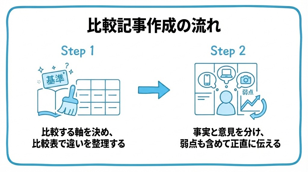 比較記事の作り方について、まず比較する軸を決め、比較表で違いを整理することから、事実と意見を分け、弱点も含めて正直に伝えるという流れを2ステップで図解したインフォグラフィックです。