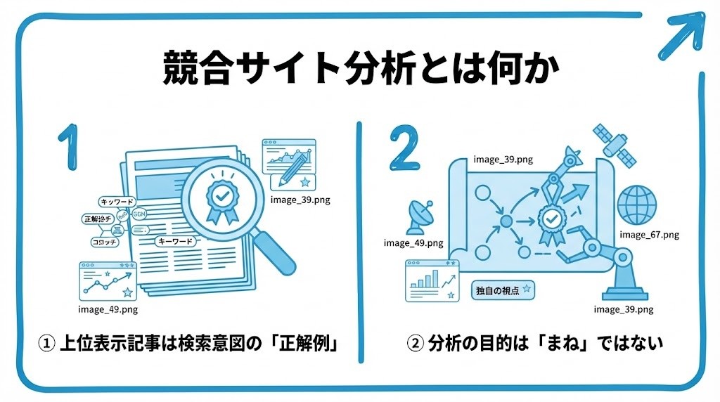 競合サイト分析とは何かを、上位表示記事は検索意図の「正解例」・分析の目的は「まね」ではないという2つに分けて図解したインフォグラフィックです。