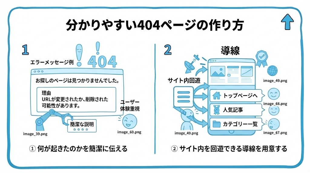 分かりやすい404ページの作り方を、何が起きたのかを簡潔に伝える・サイト内を回遊できる導線を用意するという2つに分けて図解したインフォグラフィックです。