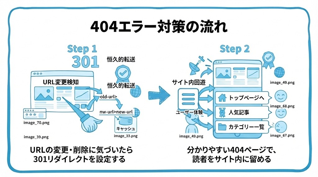404エラーページとリダイレクト設定について、まずURLの変更・削除に気づいたら301リダイレクトを設定することから、分かりやすい404ページで、読者をサイト内に留めるという流れを2ステップで図解したインフォグラフィックです。
