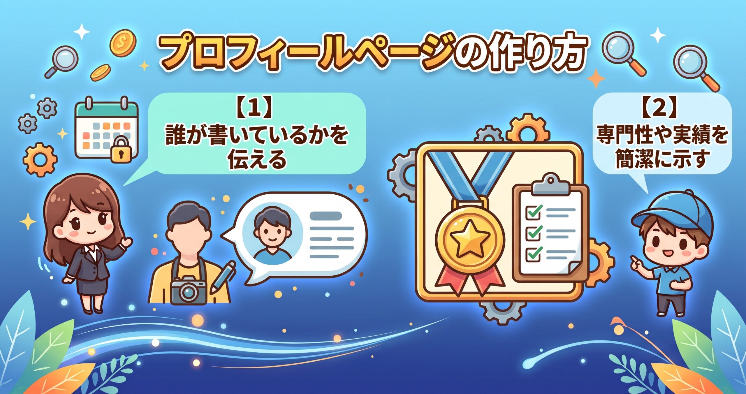 プロフィールページの作り方を、誰が書いているかを伝える・専門性や実績を簡潔に示すという2つに分けて図解したインフォグラフィックです。