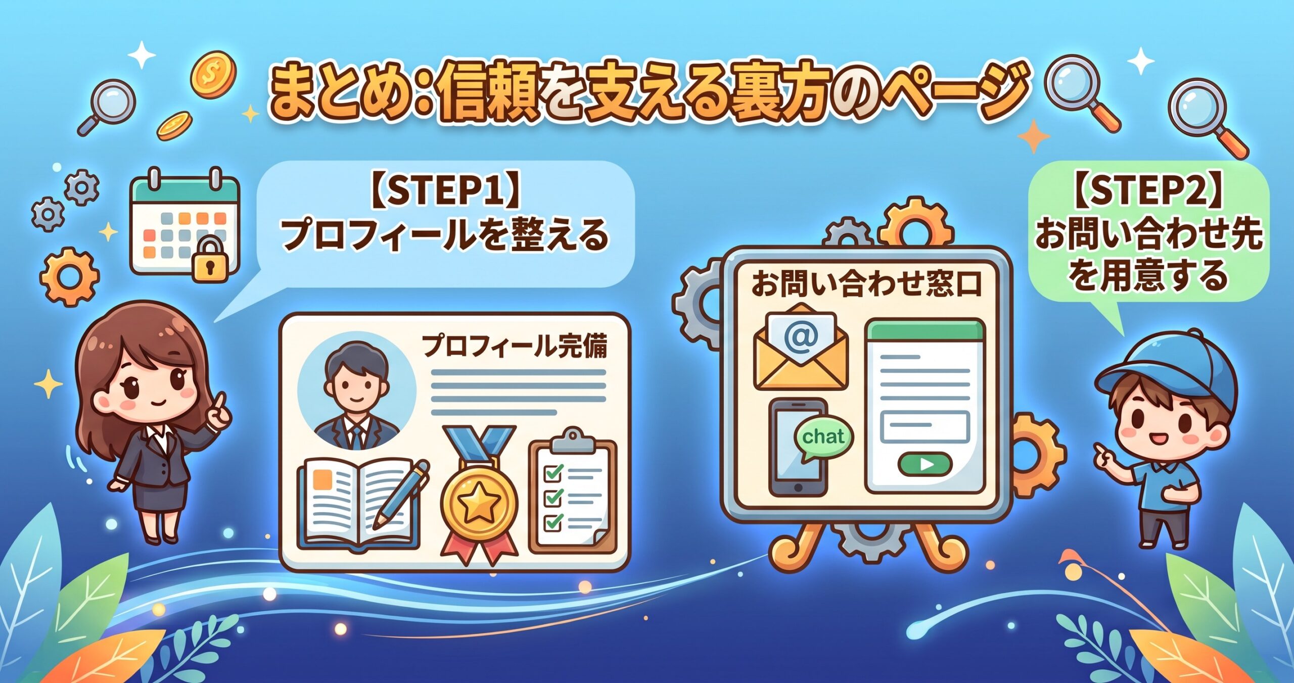 固定ページについて、まずプロフィールを整えることから、お問い合わせ先を用意していく流れを2ステップで図解したインフォグラフィックです。