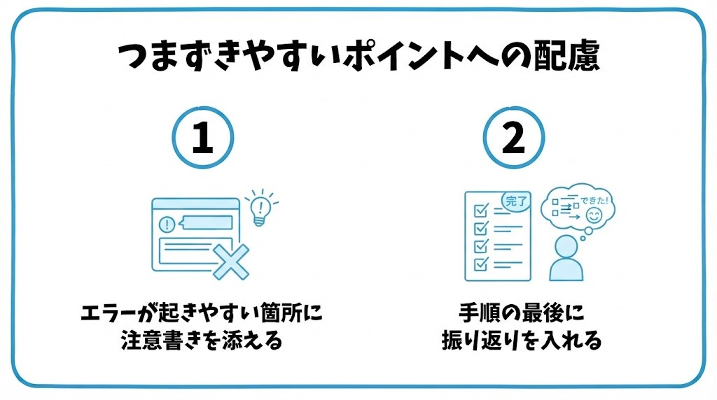 ハウツー記事でつまずきやすいポイントへの配慮を、エラーが起きやすい箇所に注意書きを添える・手順の最後に振り返りを入れるという2つに分けて図解したインフォグラフィックです。