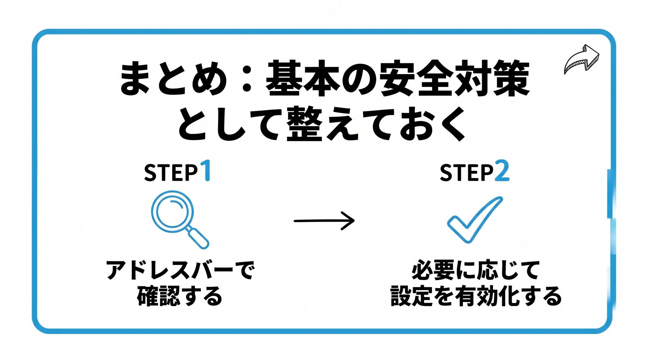 HTTPS化について、まずアドレスバーで自分のサイトを確認することから、必要に応じて設定を有効化していく流れを2ステップで図解したインフォグラフィックです。