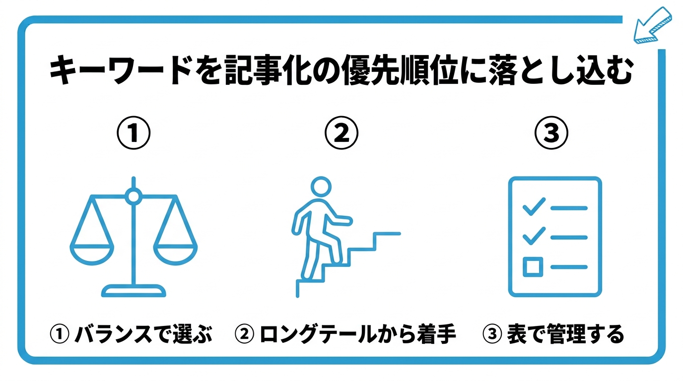 集めたキーワードの優先順位のつけ方を、バランスで選ぶ・ロングテールから着手する・表で管理するの3つに分けて図解したインフォグラフィックです。