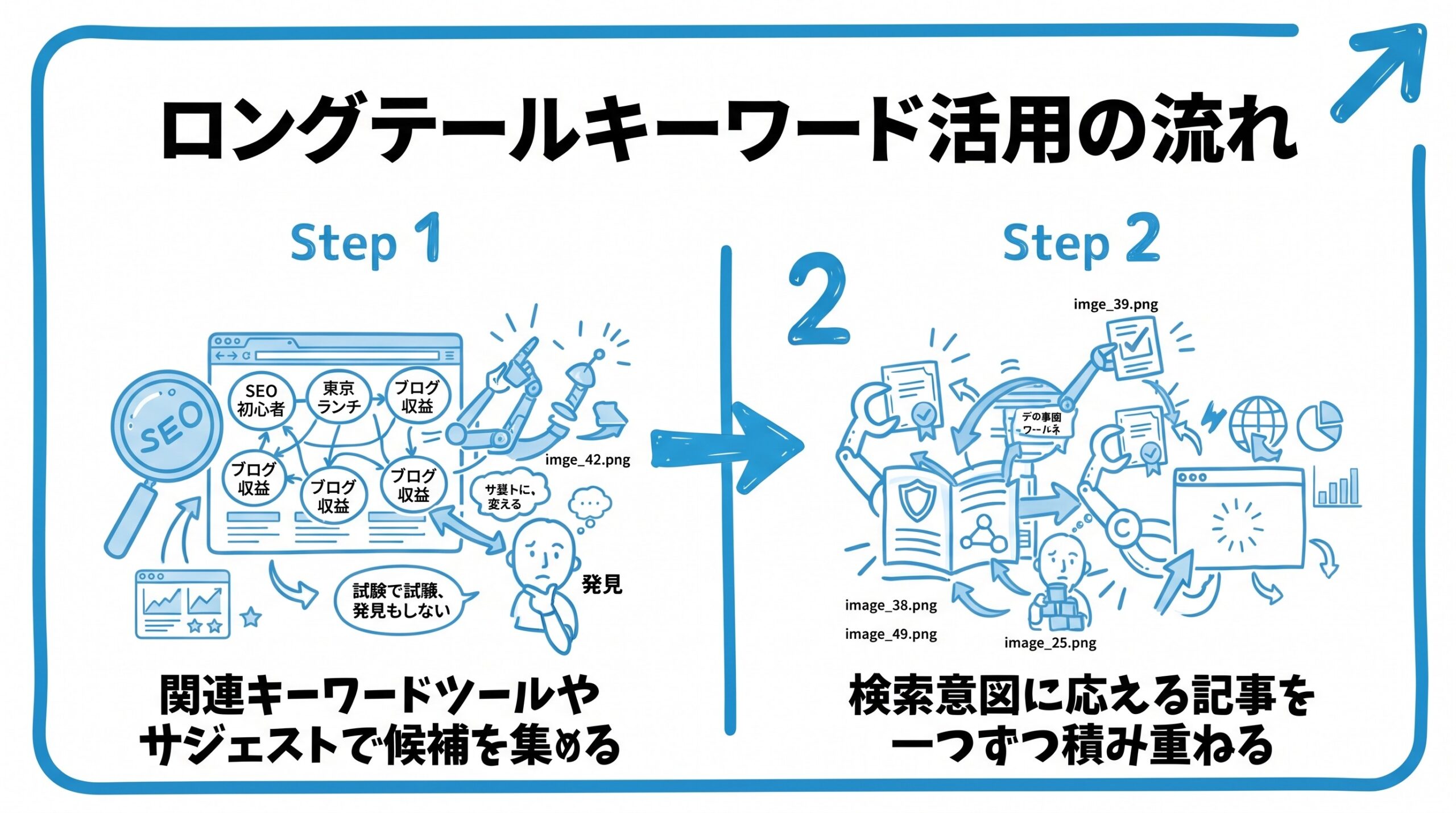 ロングテールキーワードの活用について、まず関連キーワードツールやサジェストで候補を集めることから、検索意図に応える記事を一つずつ積み重ねるという流れを2ステップで図解したインフォグラフィックです。