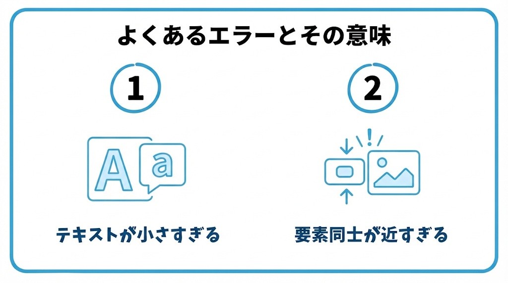 よくあるエラーとその意味を、「テキストが小さすぎます」・「クリック可能な要素同士が近すぎます」という2つに分けて図解したインフォグラフィックです。