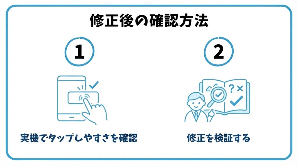 修正後の確認方法を、実機でのタップ・閲覧のしやすさを確認する・サーチコンソールで「修正を検証」を行うという2つに分けて図解したインフォグラフィックです。