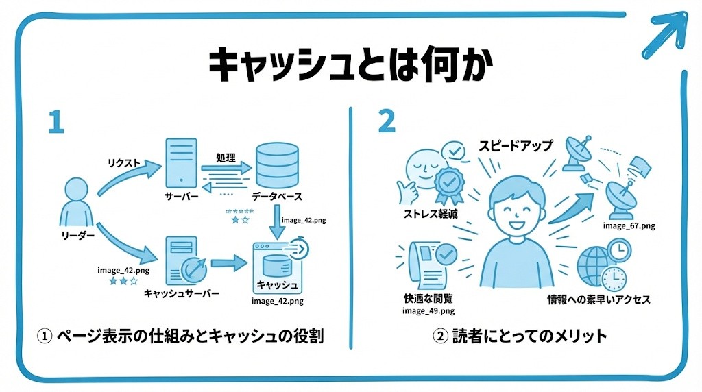 キャッシュとは何かを、ページ表示の仕組みとキャッシュの役割・読者にとってのメリットという2つに分けて図解したインフォグラフィックです。
