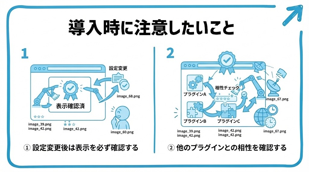 キャッシュプラグイン導入時に注意したいことを、設定変更後は表示を必ず確認する・他のプラグインとの相性を確認するという2つに分けて図解したインフォグラフィックです。
