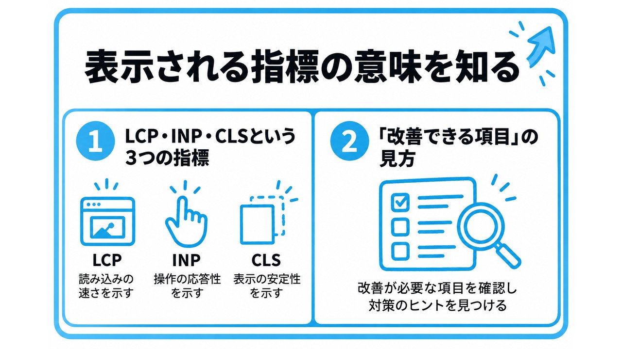 PageSpeed Insightsで表示される指標の意味を知るを、LCP・INP・CLSという3つの指標・「改善できる項目」の見方という2つに分けて図解したインフォグラフィックです。