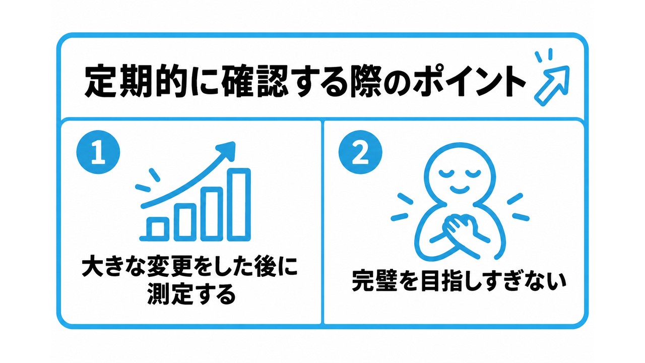 PageSpeed Insightsを定期的に確認する際のポイントを、大きな変更をした後に測定する・完璧を目指しすぎないという2つに分けて図解したインフォグラフィックです。