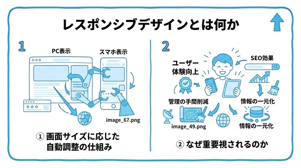 レスポンシブデザインとは何かを、画面サイズに応じた自動調整の仕組み・なぜ重要視されるのかという2つに分けて図解したインフォグラフィックです。
