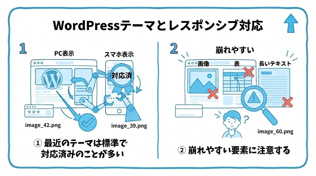 WordPressテーマとレスポンシブ対応を、最近のテーマは標準で対応済みのことが多い・崩れやすい要素に注意するという2つに分けて図解したインフォグラフィックです。