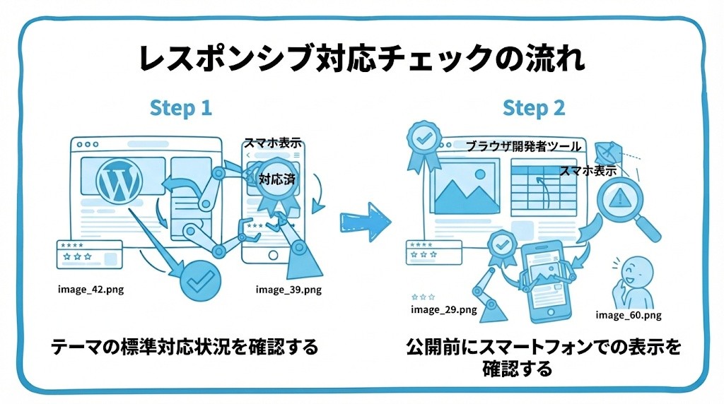 レスポンシブ対応のチェックについて、まずテーマの標準対応状況を確認することから、公開前にスマートフォンでの表示を確認するという流れを2ステップで図解したインフォグラフィックです。