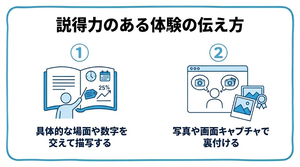 説得力のある体験談・レビュー記事の書き方を、具体的な場面や数字を交えて描写する・写真や画面キャプチャで裏付けるという2つに分けて図解したインフォグラフィックです。