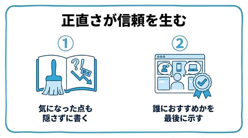 正直さが信頼を生むを、気になった点も隠さずに書く・誰におすすめかを最後に示すという2つに分けて図解したインフォグラフィックです。