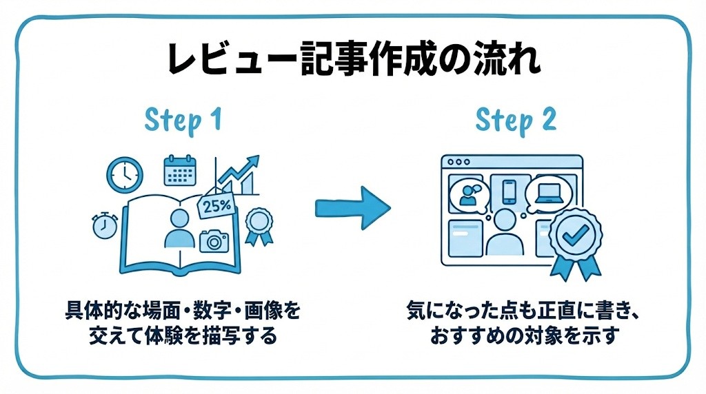 体験談・レビュー記事の書き方について、まず具体的な場面・数字・画像を交えて体験を描写することから、気になった点も正直に書き、おすすめの対象を示すという流れを2ステップで図解したインフォグラフィックです。