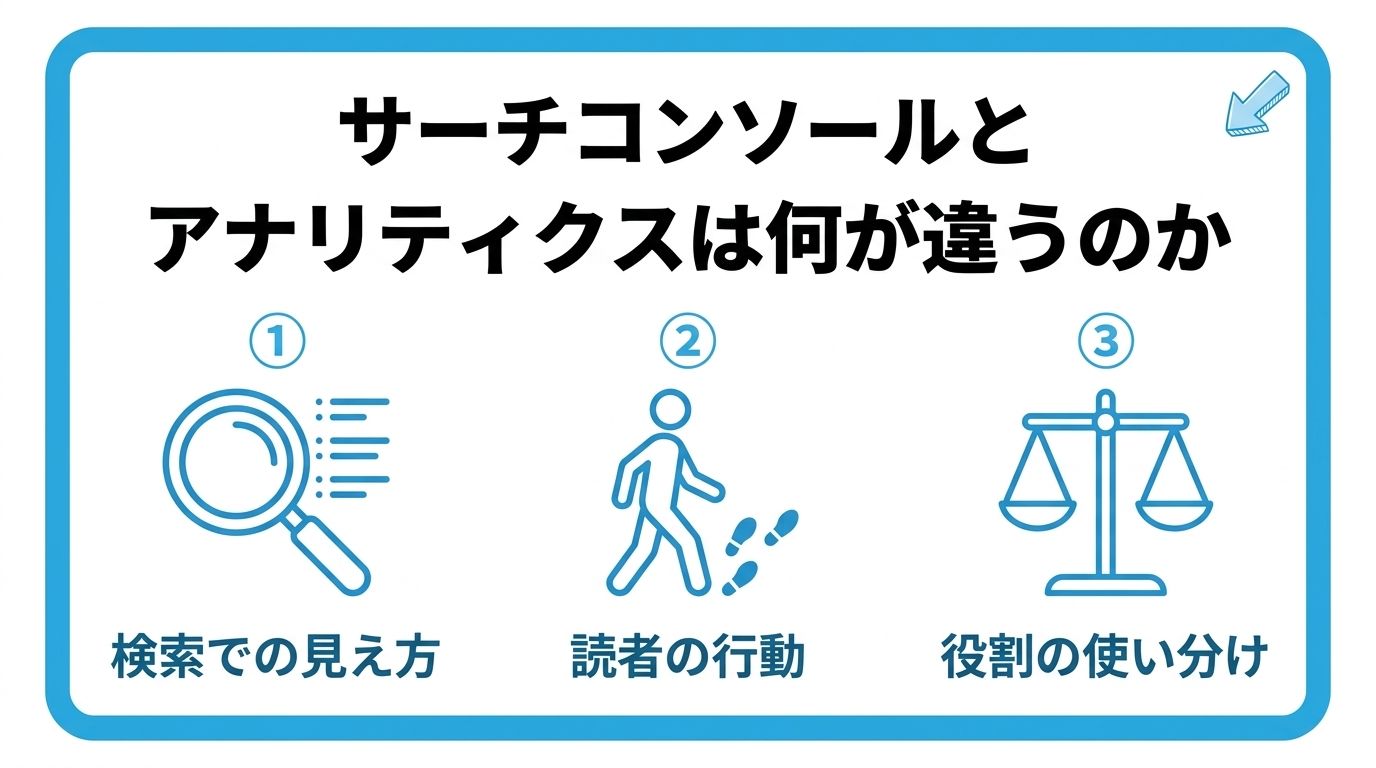 サーチコンソールとアナリティクスの違いを、検索での見え方・読者の行動・役割の使い分けの3つに分けて図解したインフォグラフィックです。