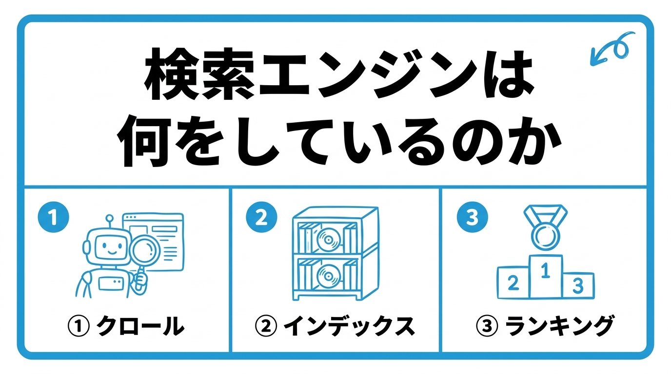検索エンジンの仕組みを、クロール・インデックス・ランキングの3段階に分けて図解したインフォグラフィックです。