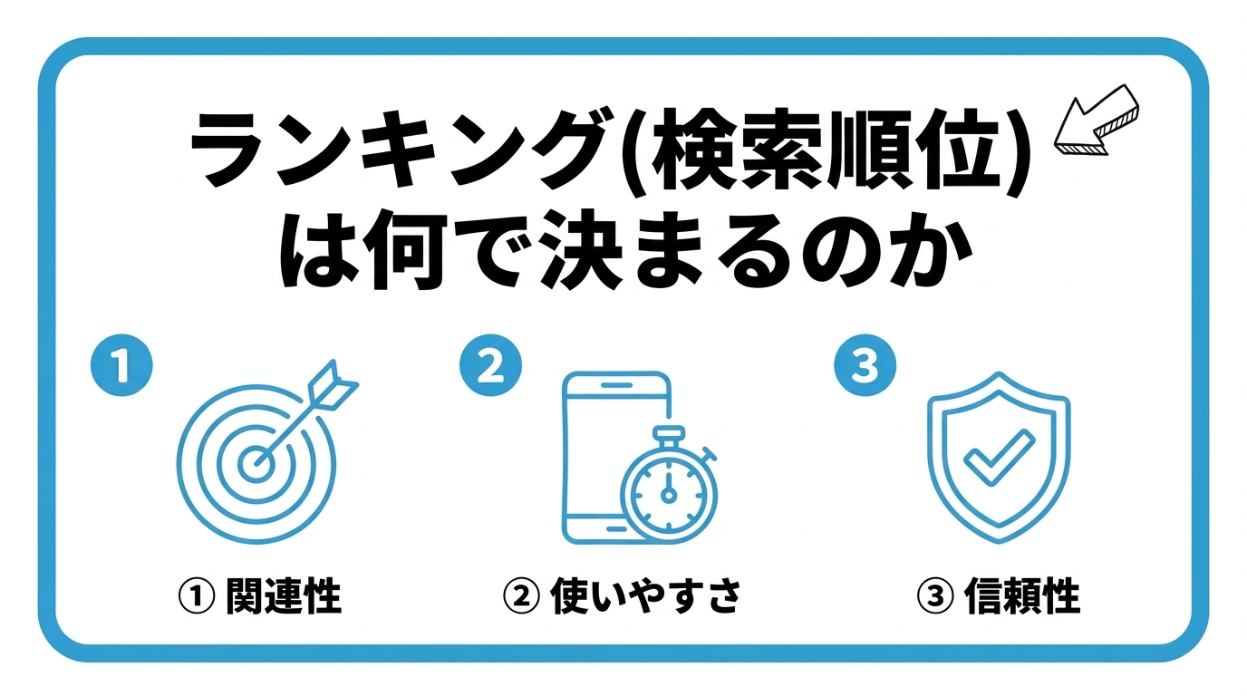検索順位を左右する要素を、検索語句との関連性・使いやすさ・信頼性の3つに分けて図解したインフォグラフィックです。