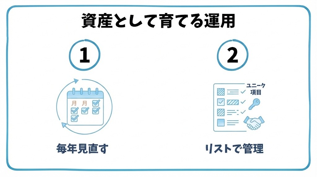 季節性キーワードの記事を資産として育てる運用を、毎年同じ時期に内容を見直す・カレンダーやリストで公開・更新時期を管理するという2つに分けて図解したインフォグラフィックです。
