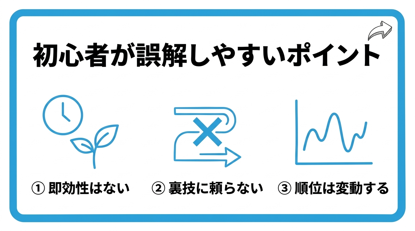 SEOに関して初心者が誤解しやすいポイントを、即効性はない・裏技に頼らない・順位は変動するの3つに分けて図解したインフォグラフィックです。
