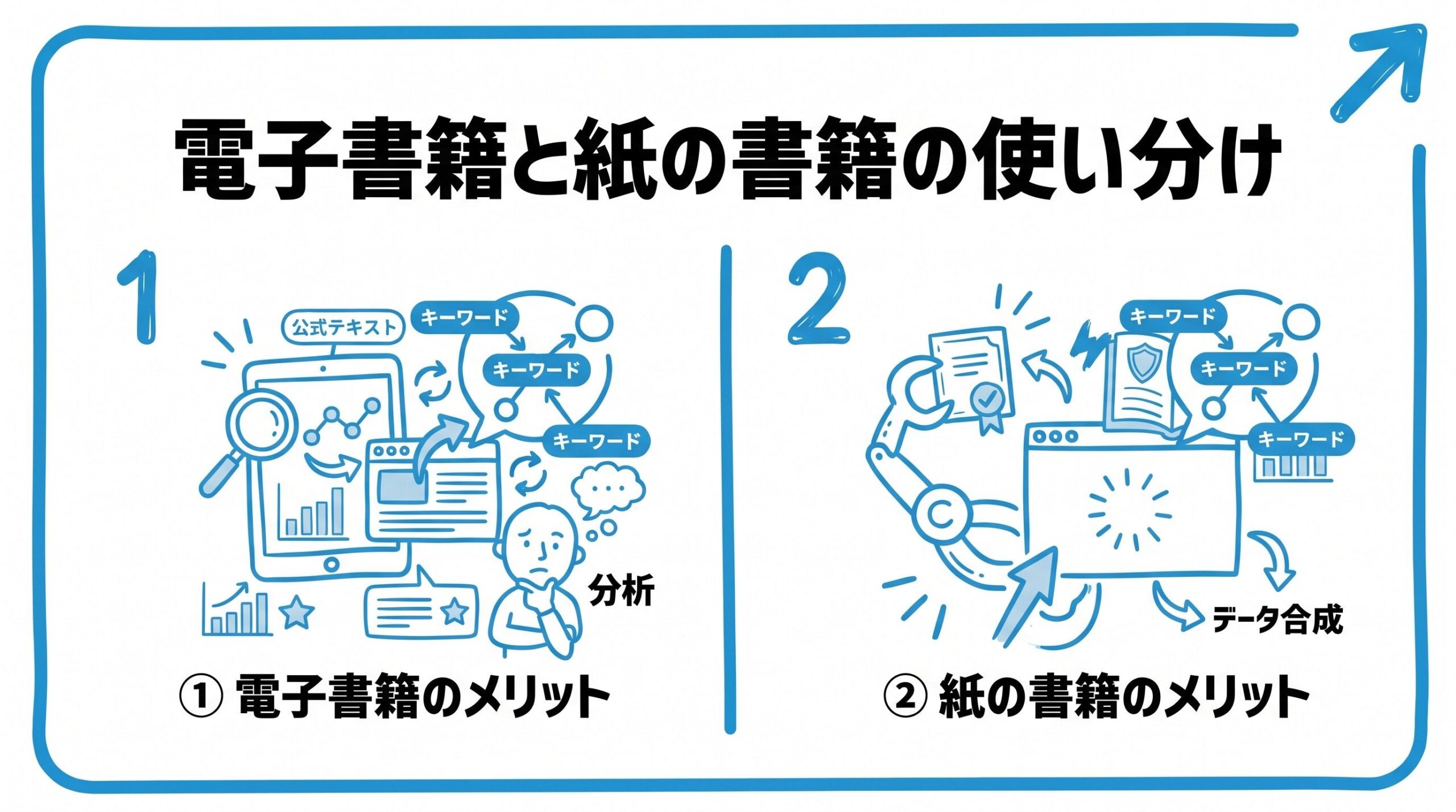 電子書籍と紙の書籍の使い分けを、電子書籍のメリット・紙の書籍のメリットという2つに分けて図解したインフォグラフィックです。
