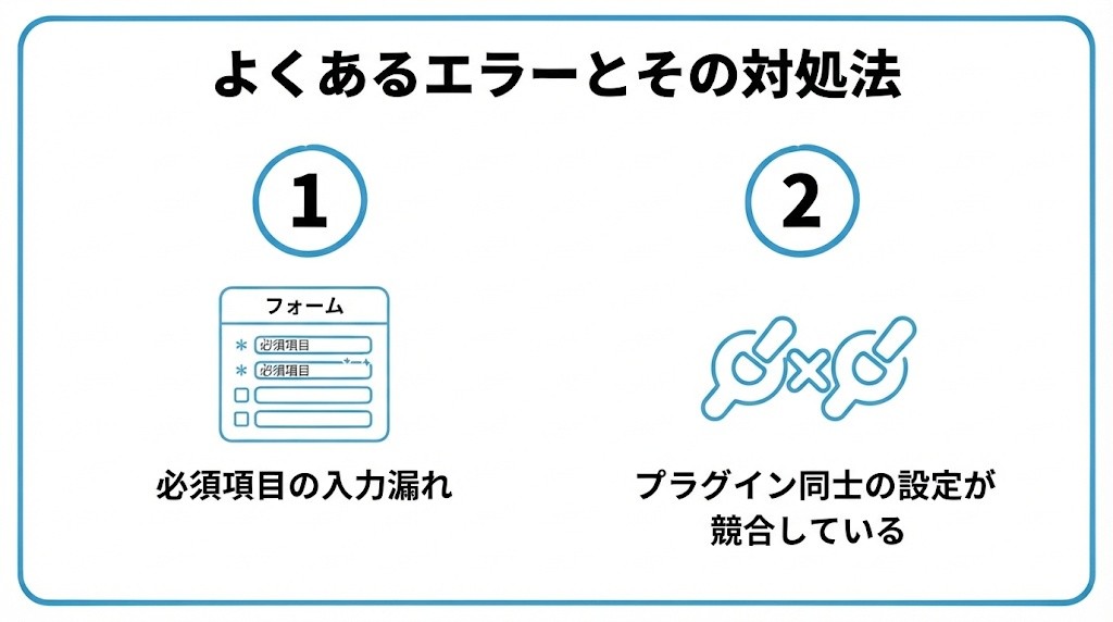 構造化データのよくあるエラーとその対処法を、必須項目の入力漏れ・プラグイン同士の設定が競合しているという2つに分けて図解したインフォグラフィックです。