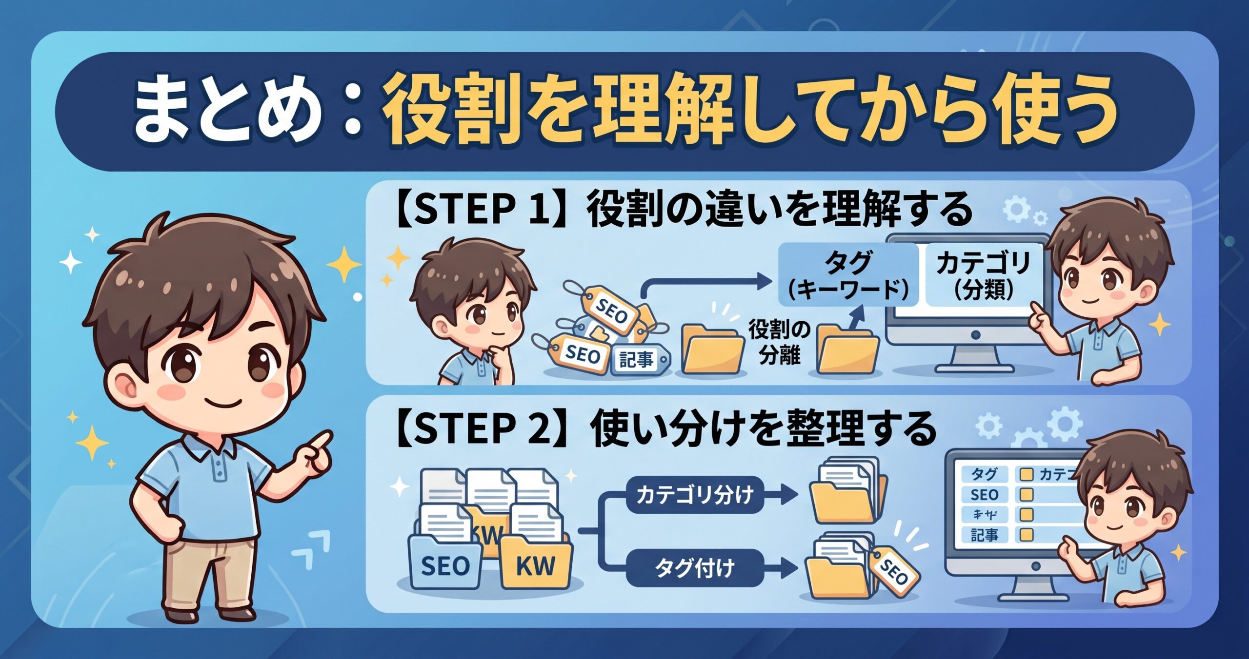 カテゴリとタグについて、まず役割の違いを理解することから、使い分けを整理していく流れを2ステップで図解したインフォグラフィックです。
