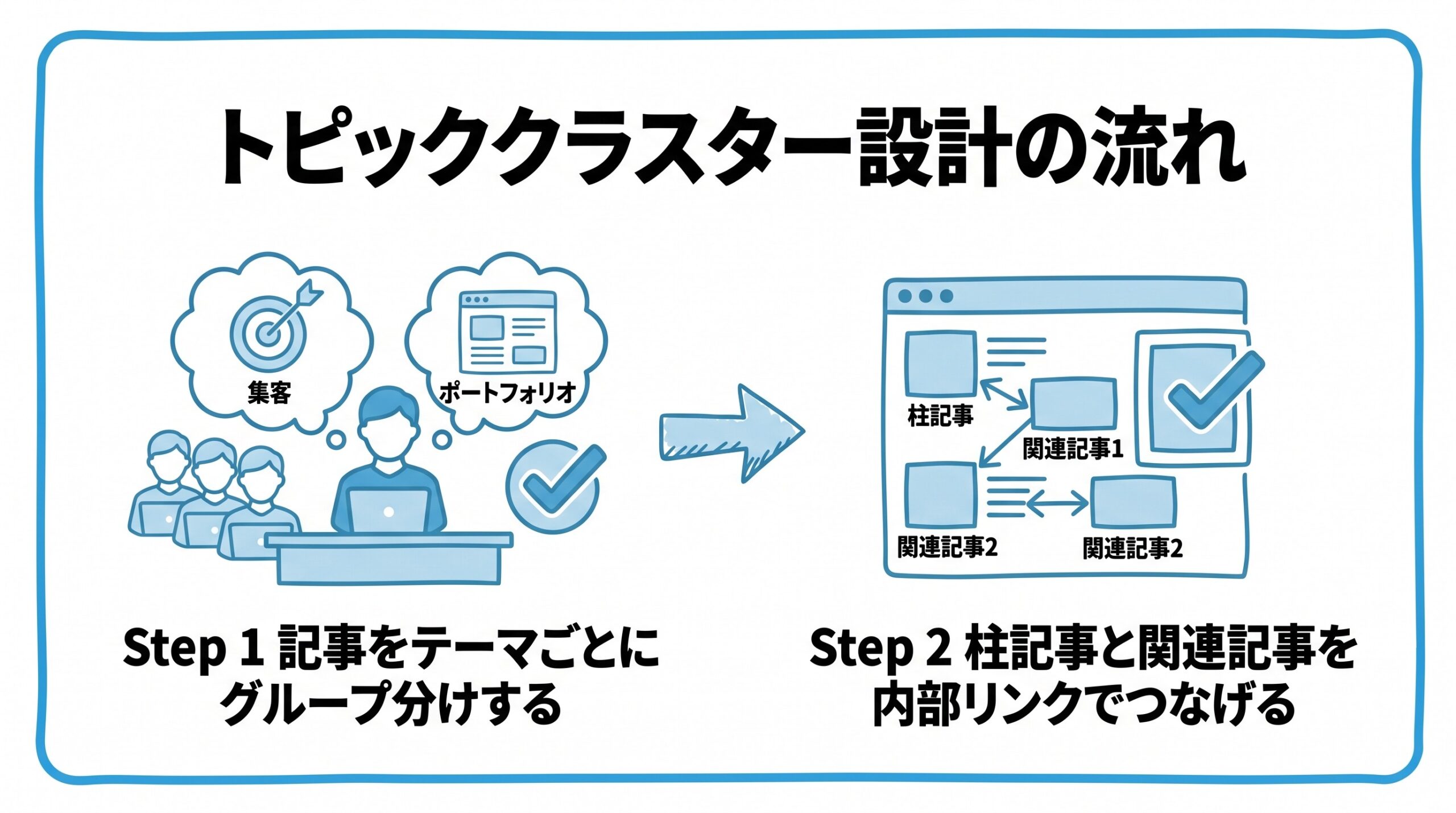 トピッククラスターの設計について、まず記事をテーマごとにグループ分けすることから、柱記事と関連記事を内部リンクでつなげるという流れを2ステップで図解したインフォグラフィックです。