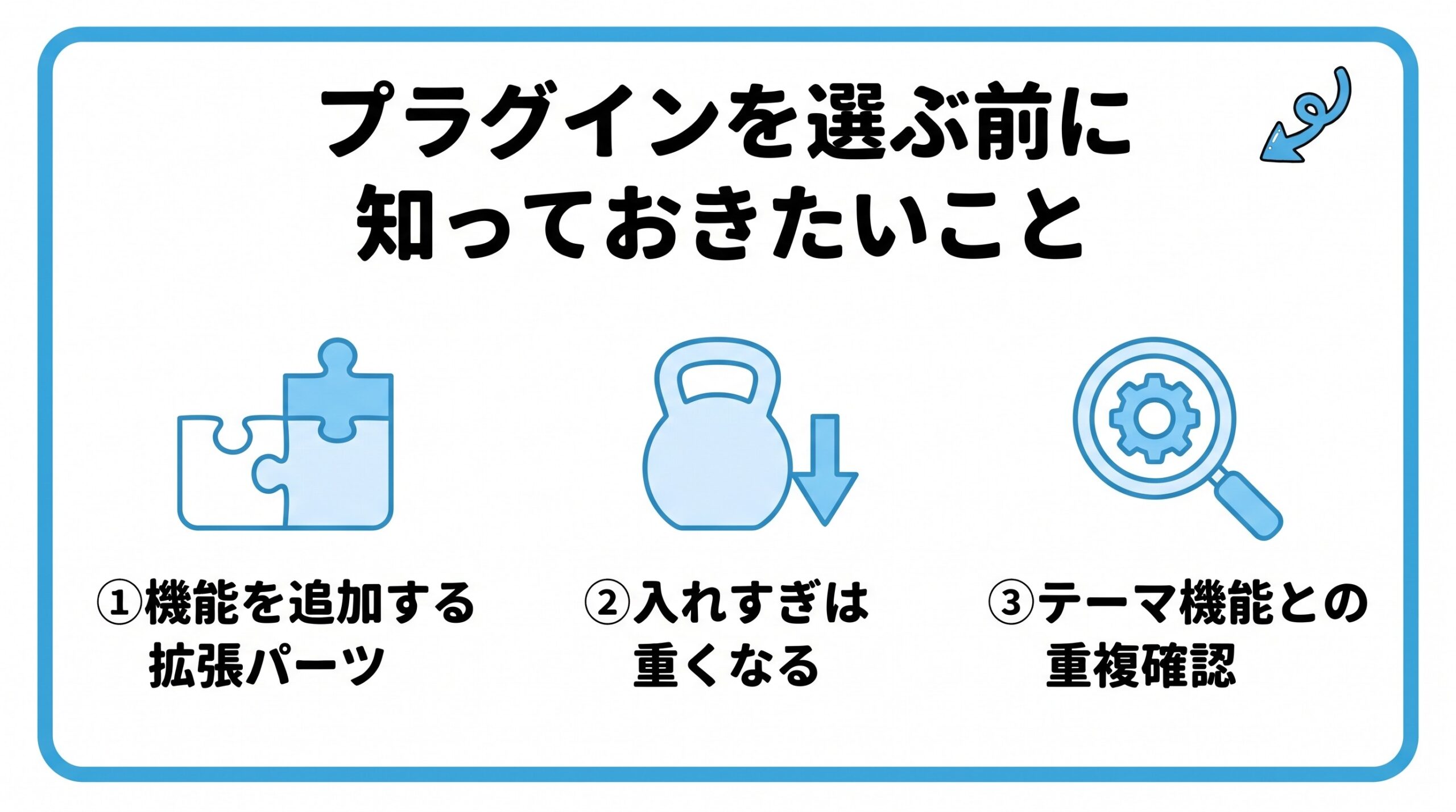プラグインを選ぶ前に知っておきたいことを、拡張パーツという性質・入れすぎの弊害・テーマ機能との重複確認の3つに分けて図解したインフォグラフィックです。