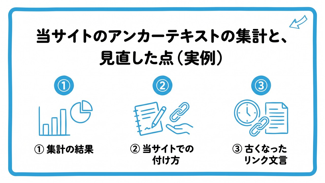 当サイトのアンカーテキストの集計と、見直した点(実例)を、集計の結果・当サイトでの付け方・古くなったリンク文言という3つに分けて図解したインフォグラフィックです。