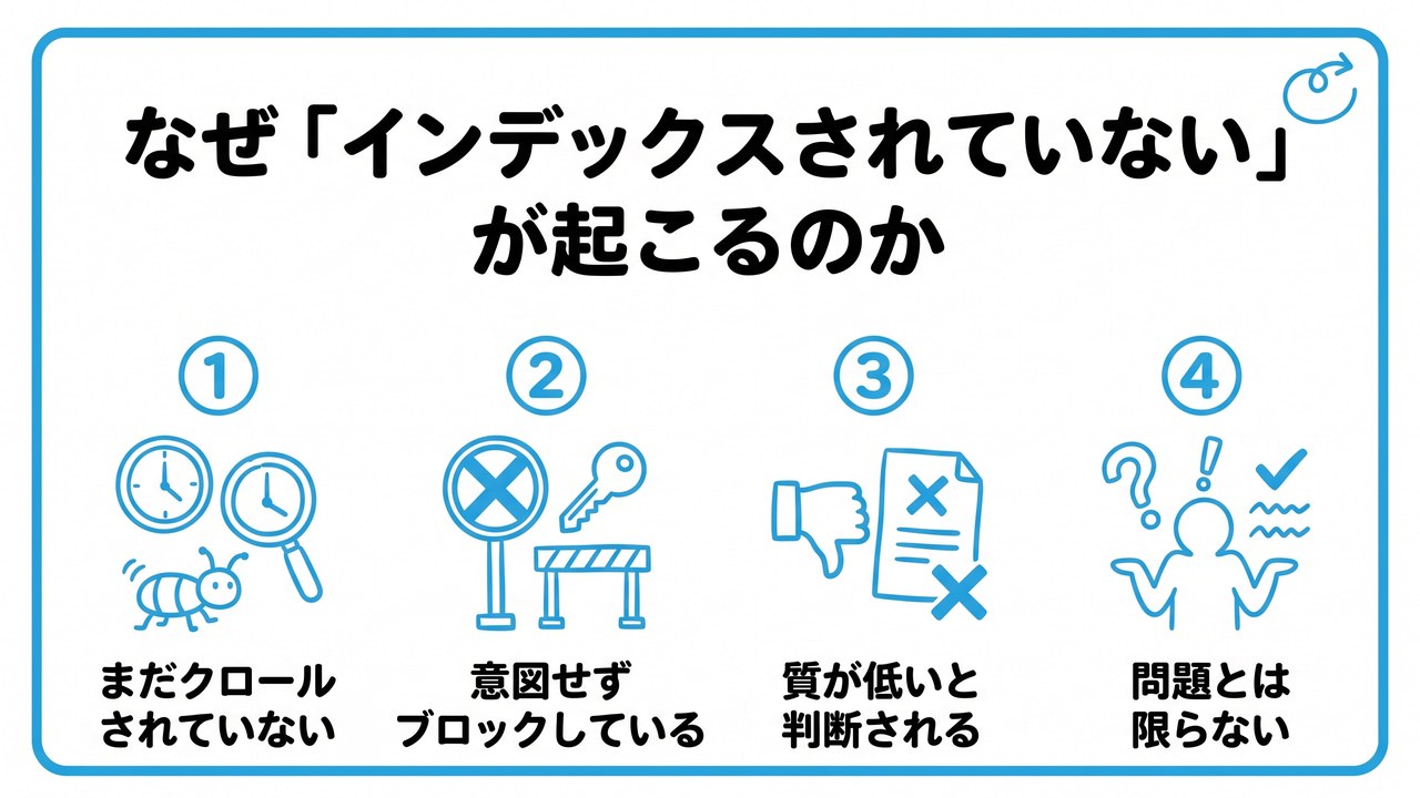 なぜ「インデックスされていない」が起こるのかを、まだクロールされていない・意図せずブロックしている・質が低いと判断される・問題とは限らないという4つに分けて図解したインフォグラフィックです。