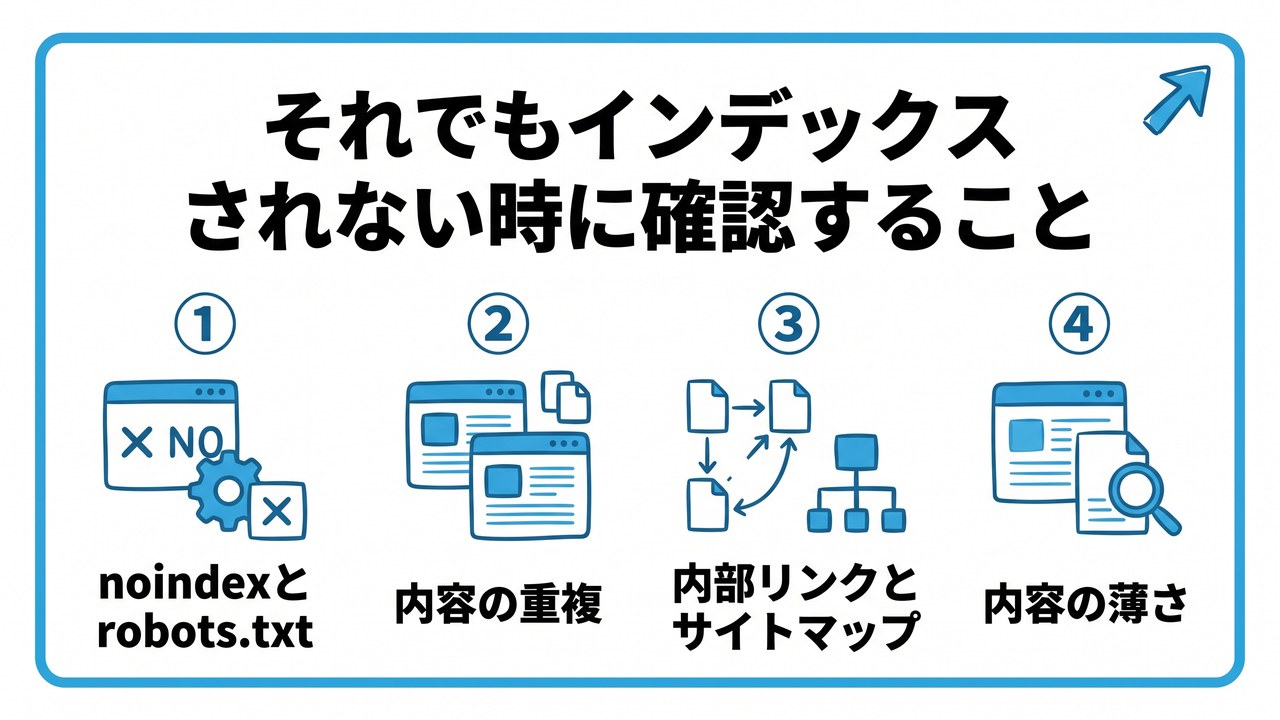 それでもインデックスされない時に確認することを、noindexとrobots.txt・内容の重複・内部リンクとサイトマップ・内容の薄さという4つに分けて図解したインフォグラフィックです。