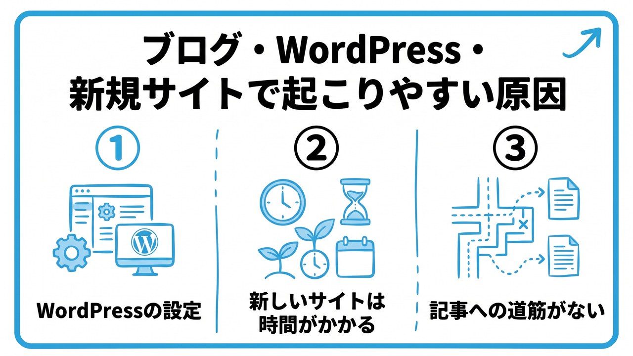 ブログ・WordPress・新規サイトで起こりやすい原因を、WordPressの設定・新しいサイトは時間がかかる・記事への道筋がないという3つに分けて図解したインフォグラフィックです。