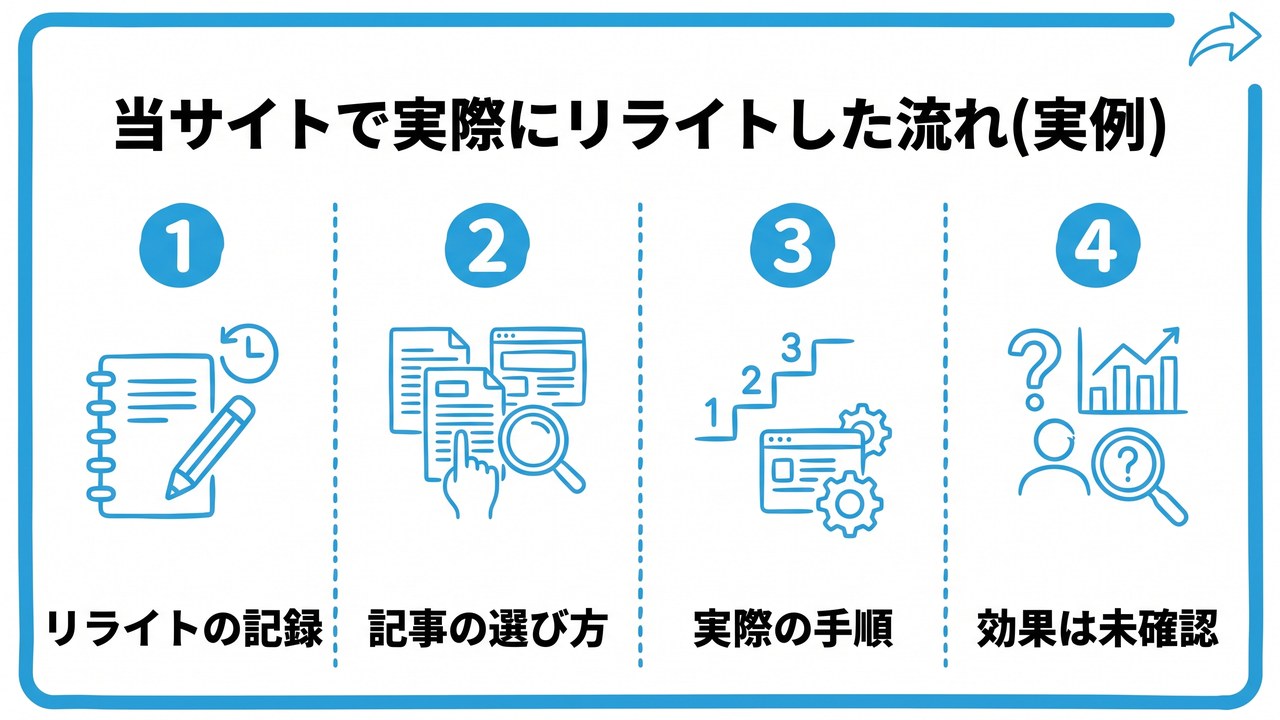 当サイトで実際にリライトした流れ(実例)を、リライトの記録・記事の選び方・実際の手順・効果は未確認という4つに分けて図解したインフォグラフィックです。